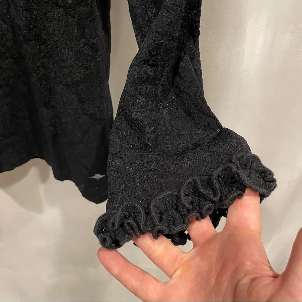 Cute Y2k black lace floral ruffle collar stretchy top CDW 3/4 sheer sleeves Size M - Image 4