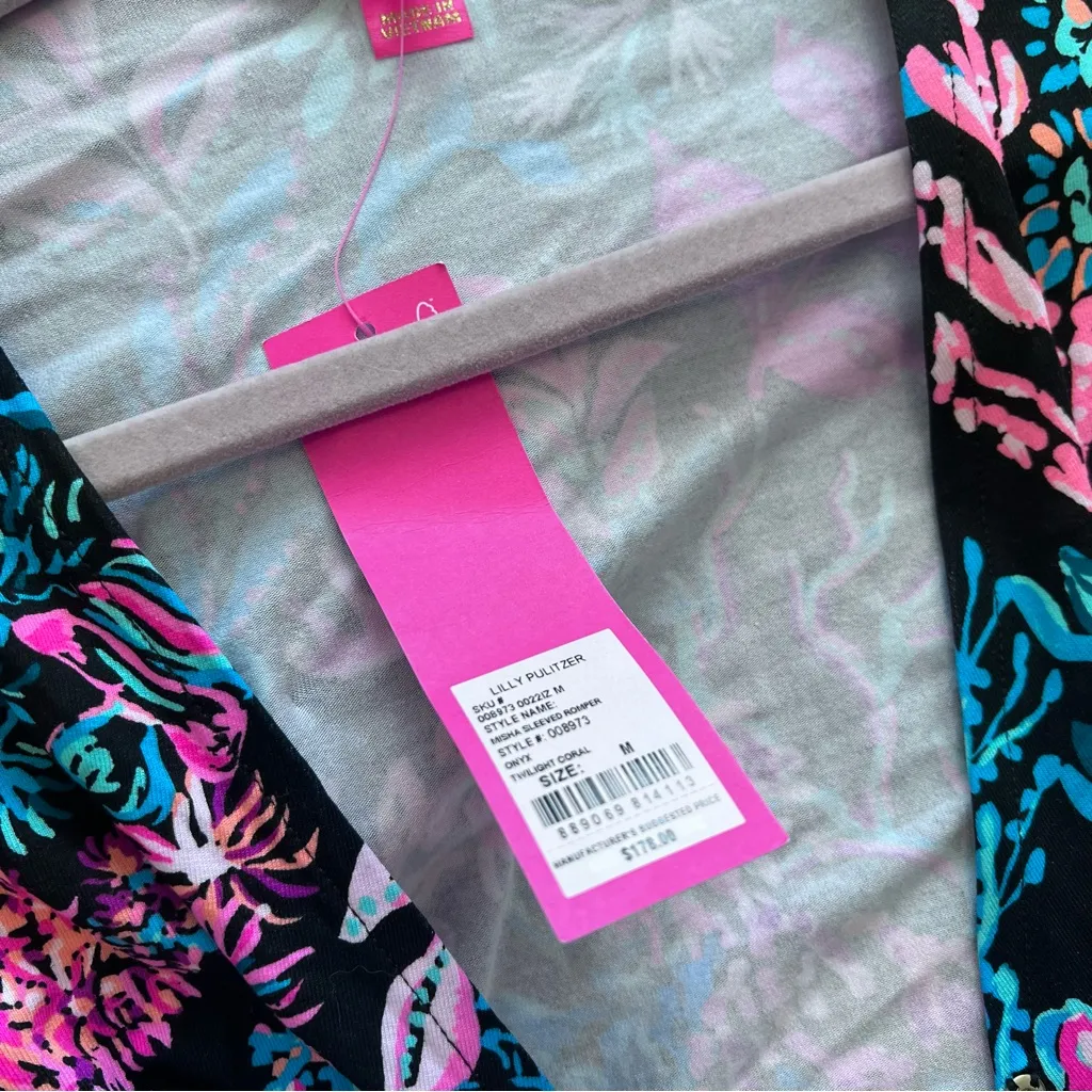 Lilly Pulitzer Misha Long Sleeve Wrap Romper Onyx Twilight Coral, Size M $178 - Image 5