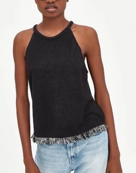 Zara black tweed halter top with fringe hem women's size small - Image 1