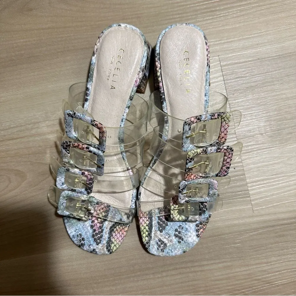 Cecelia New‎ York Lincoln Clear Strap Snake Print Buckle Slide Sandals 7.5 Pink - Image 14