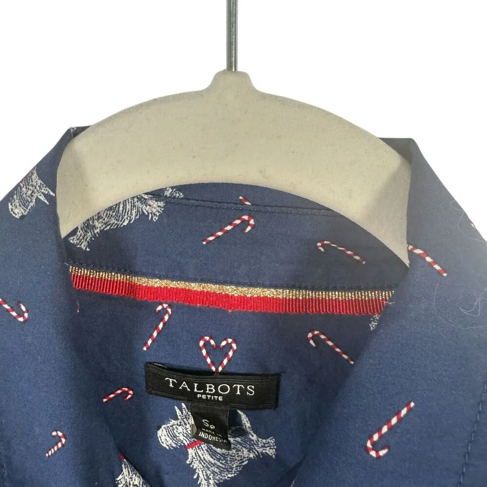 Talbots Blue Scottie Dog Candy Cane Button Up Cotton Shirt Womens Small Petite - Image 3