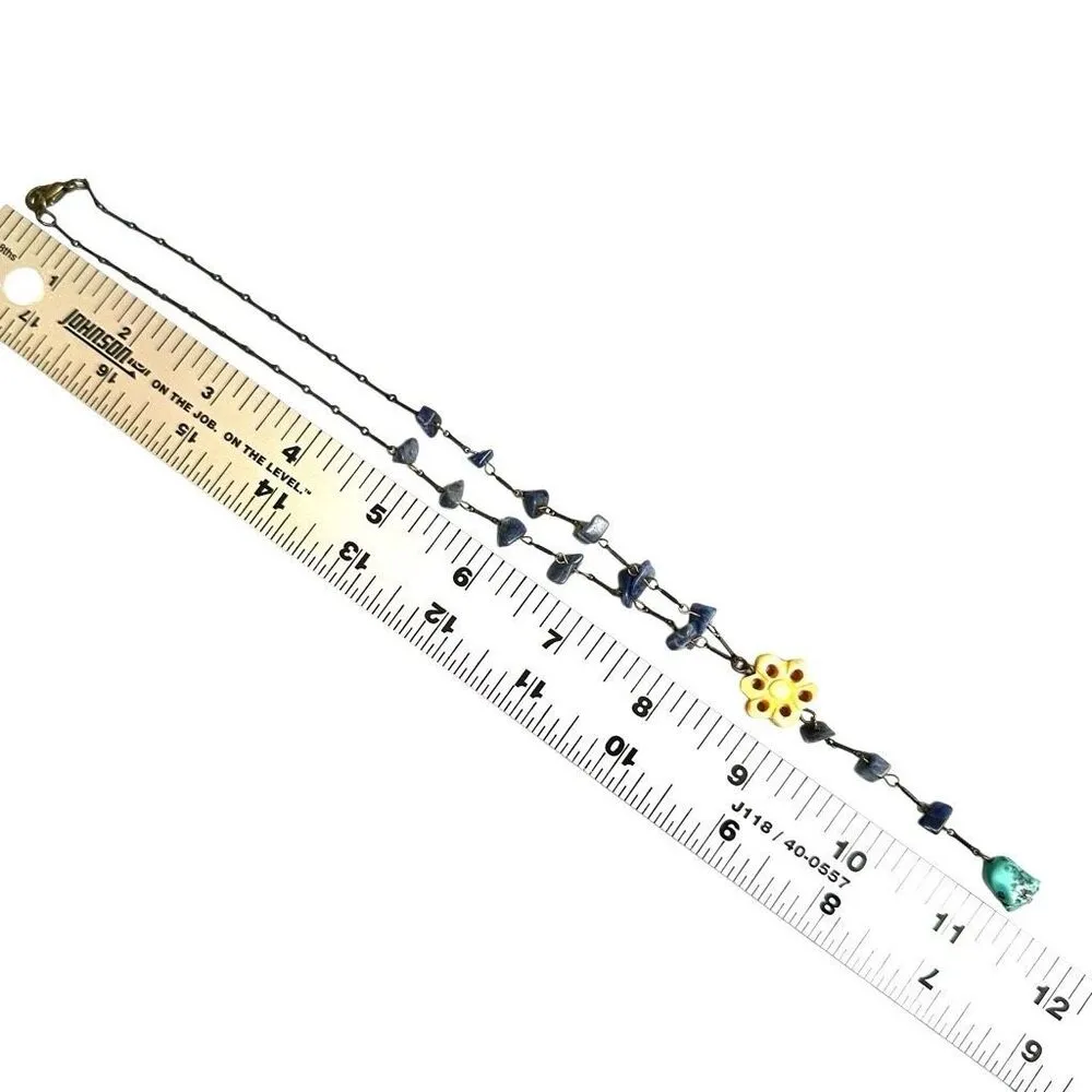 Boho Sodalite + Bone Flower Y Necklace w/ Turquoise Drop Blue - Image 7