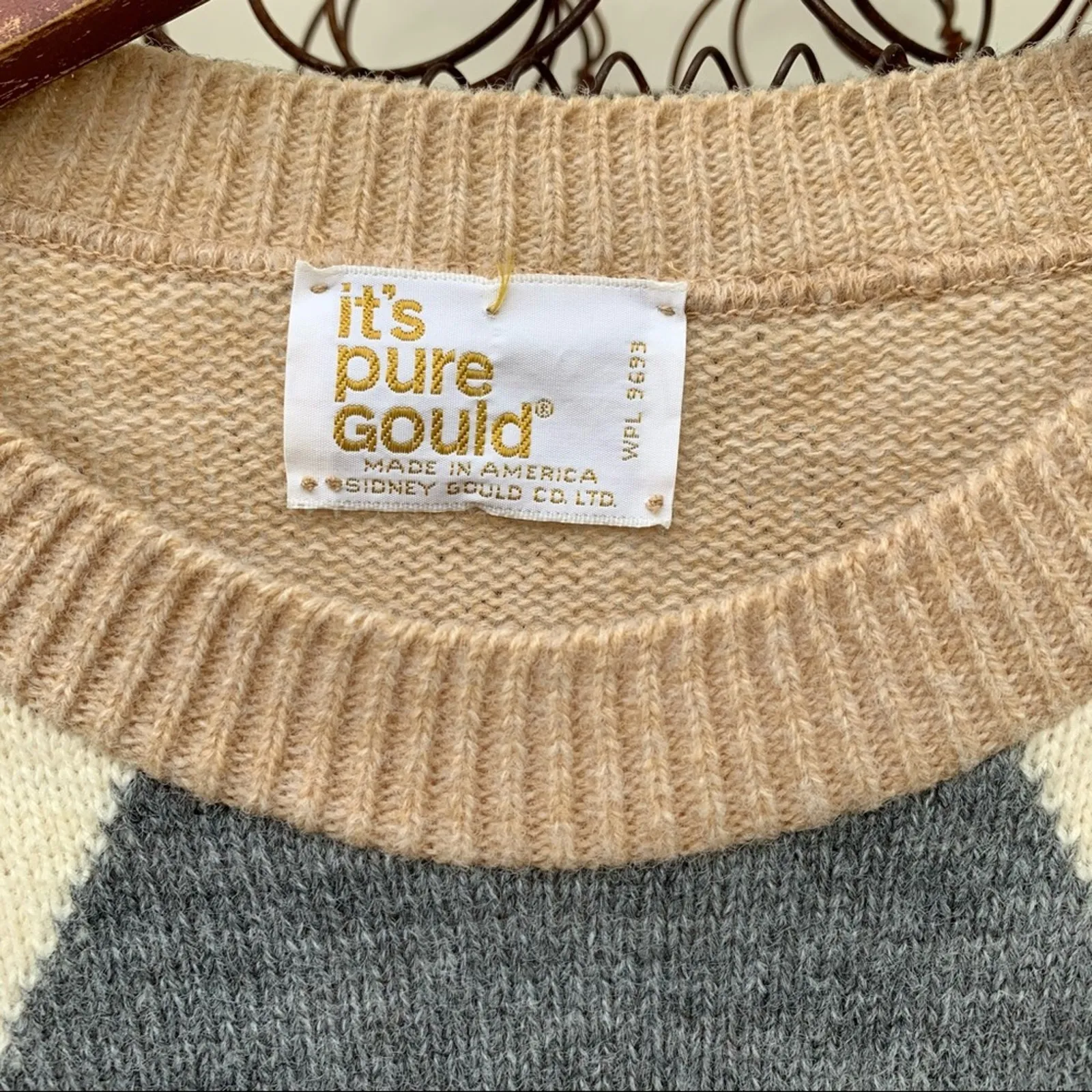 Vintage 50s Deadstock It’s Pure Gould argyle diamond sweater SMALL? Tan - Image 3