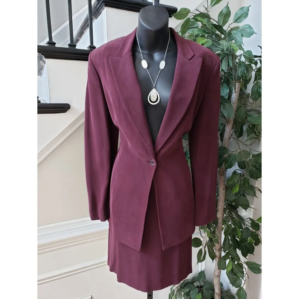 Jones New York 2 Piece Skirt Suit Silk 10 Burgundy Single Breasted 1 Button - Image 11