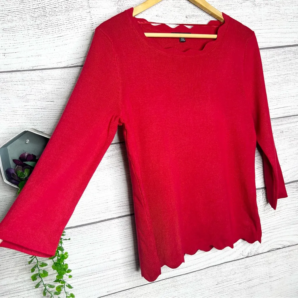Cable & Gauge Red Scalloped Neck Sweater Top Size Large Holiday Christmas Office - Image 3