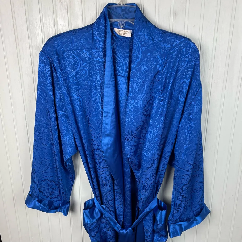 Vintage Victoria's Secret Gold Label Blue Silky Damask Jacquard Bathrobe Tassels - Image 6