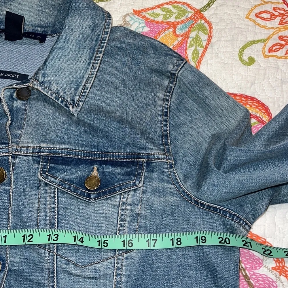 BANDOLINO petite large women’s jean jacket blue lace up sleeves and back denim - Image 5