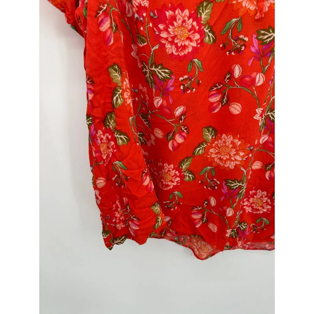 Rose + Olive Blouse Women 1X Red Floral Lightweight Short Sleeve Spring Summer - Image 4