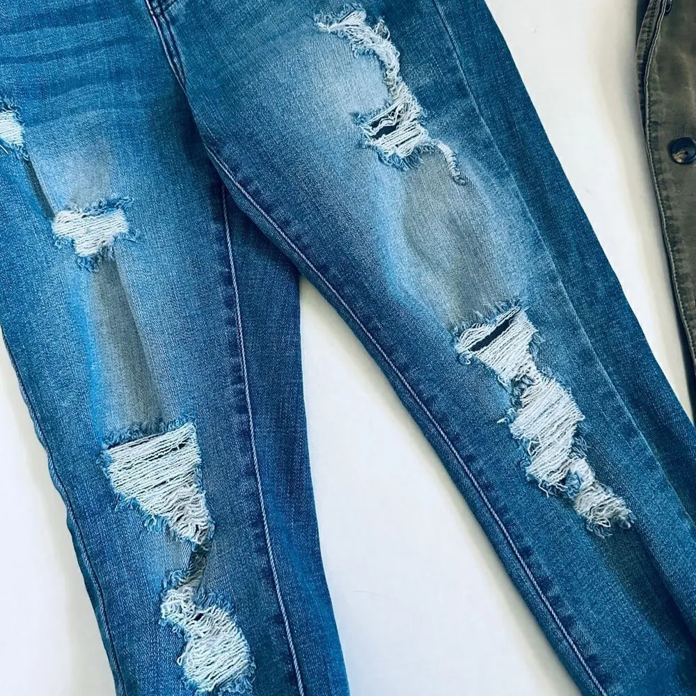 KanCan Heavily Distressed High Waist Buttonfly Midwash Fringe Hem Skinny Jeans Blue Size 27 - Image 5