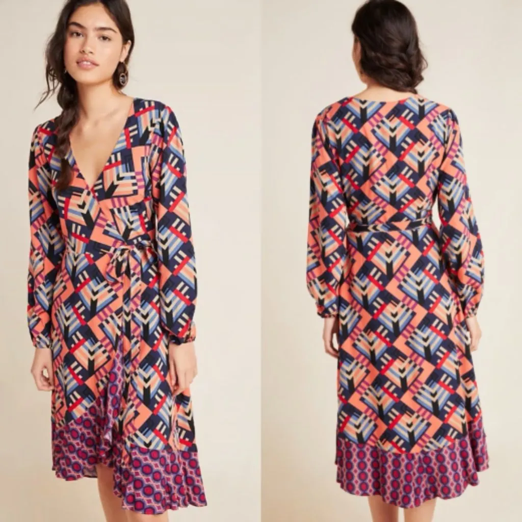 Anthropologie Porridge Amity Pink & Blue Colorful Long Sleeve Wrap Dress M - Image 2