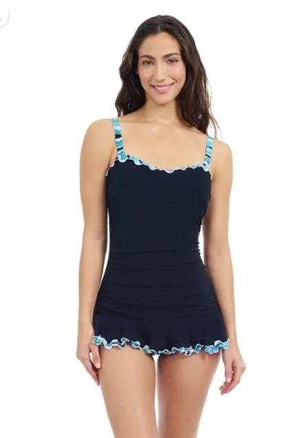 PROFILE BY GOTTEX BACHATA D CUP V NECK SWIMDRESS ONE PIECE SWIMSUIT Sz 10 Blue - Image 8