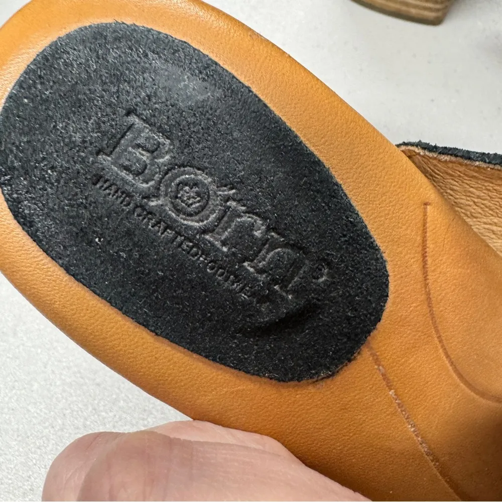 Born Black Suede Peep Toe Mule Stacked Heel Womens 8 Slip On Boho Comfort Shoes - Image 7