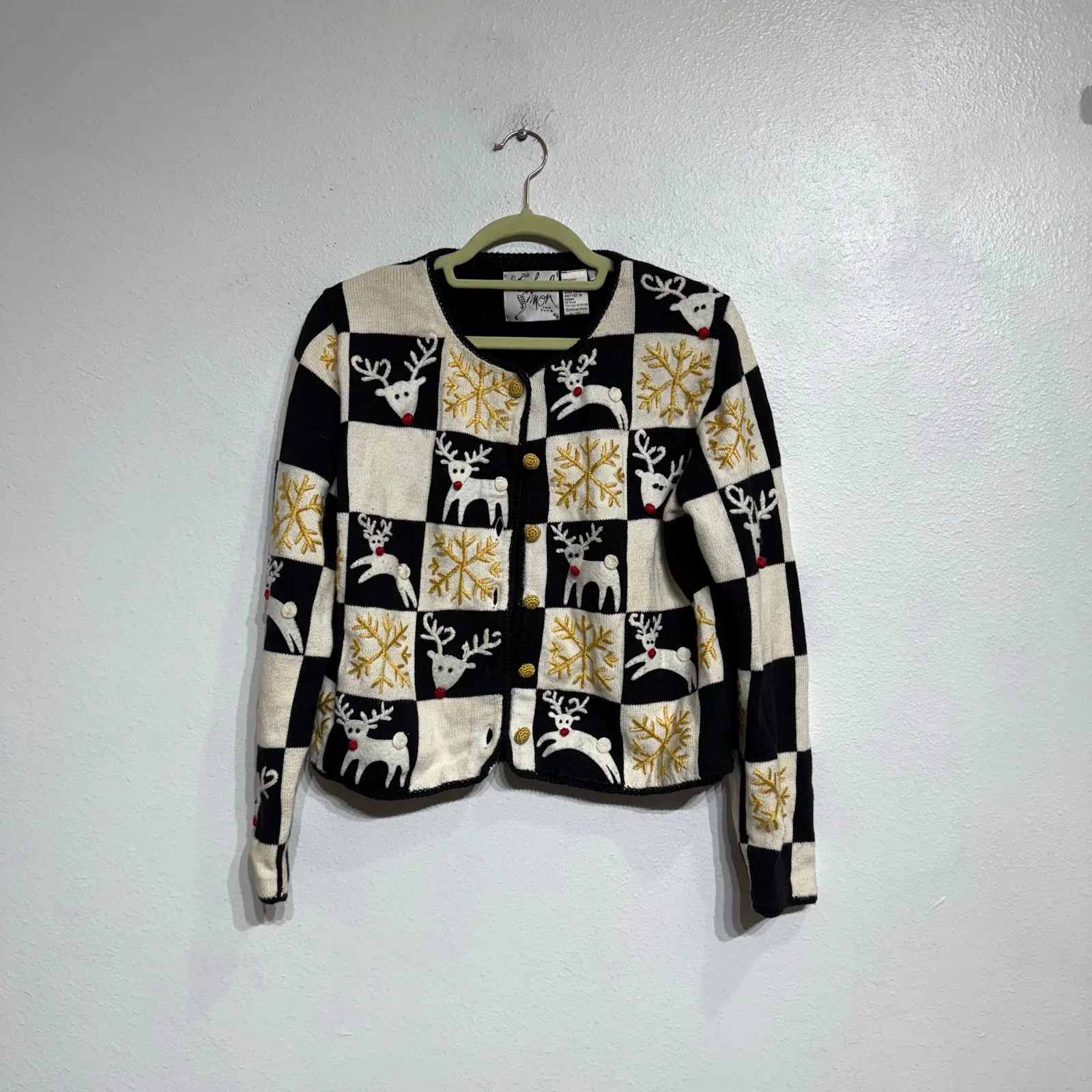 Michael Simon Checkered Reindeer Cropped Vintage Cardigan Sz S Black - Image 2
