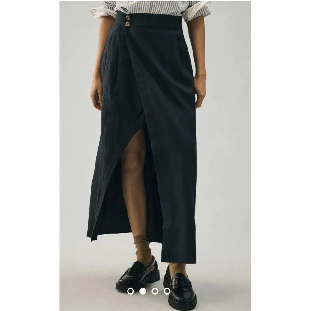 Anthropologie Womens Size 8 Navy Blue Striped Button Up 100% Linen Coastal Chic - Image 2