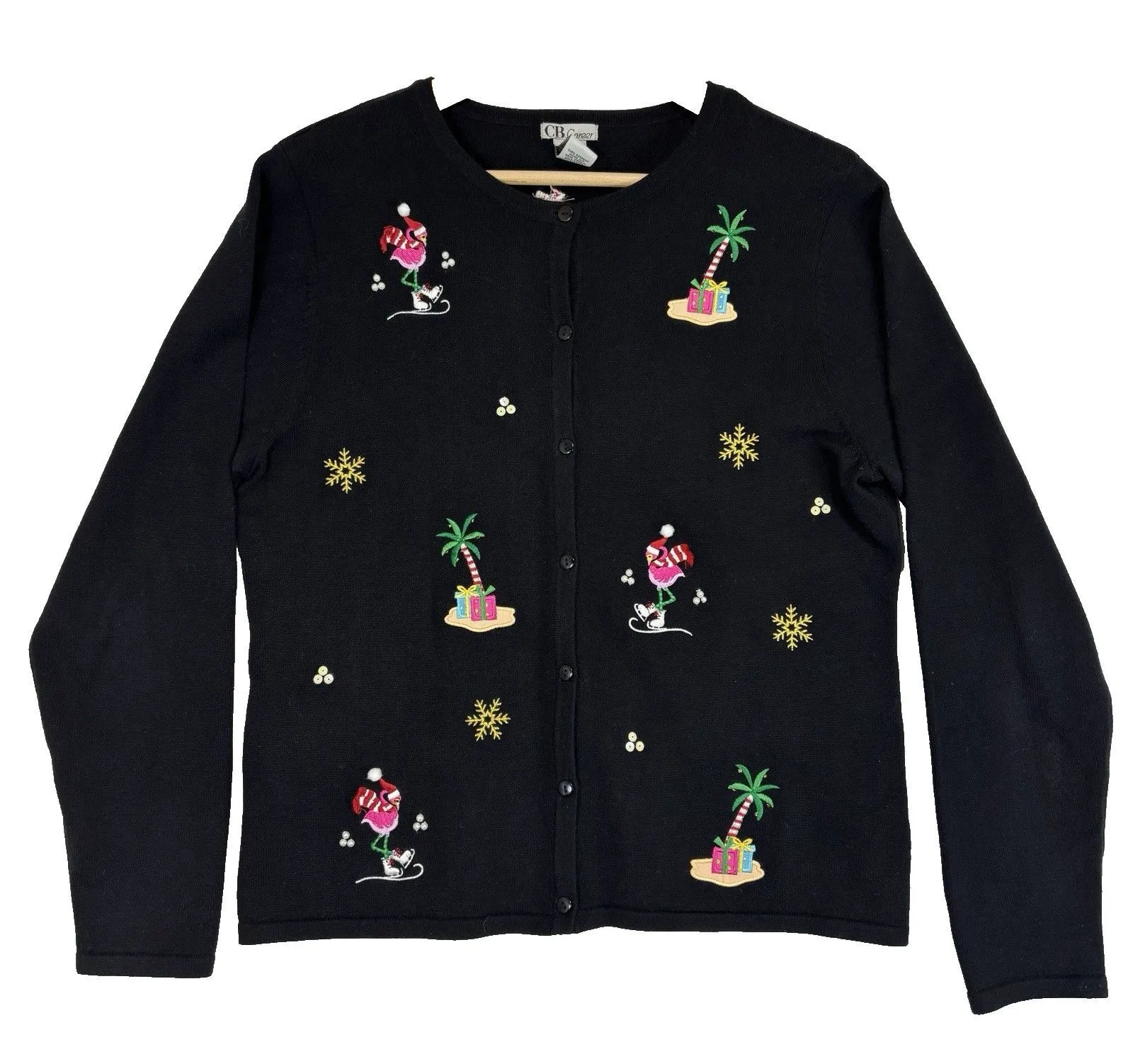 CB Career Ugly Christmas Sweater Cardigan Flamingo Womens L Career Holiday Party Black Size L - Image 1