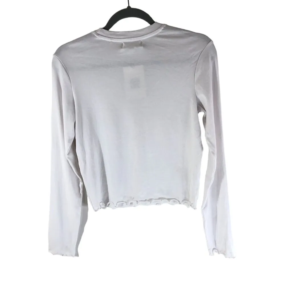 Bershka Womens T Shirt Top BershkaStyle Lettuce Hem Long Sleeve White L - Image 5