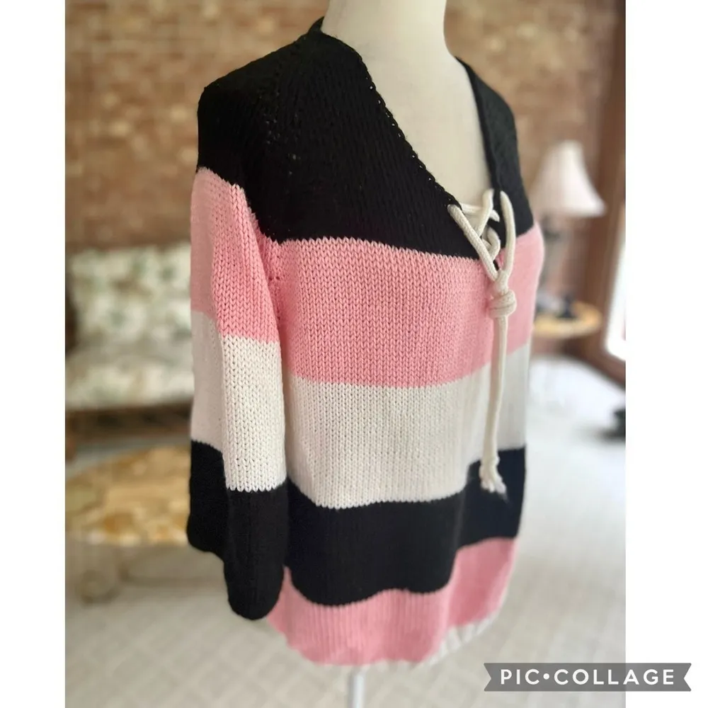 Sweater Striped Pink Black White Tie Front Nautical 8 Casual Preppy Lunch Work - Image 10