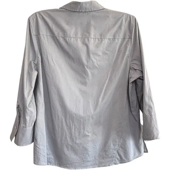Foxcroft NYC Womens Button Up Cotton Stretch Non-Iron Shirt sz L Silver Tailored - Image 8