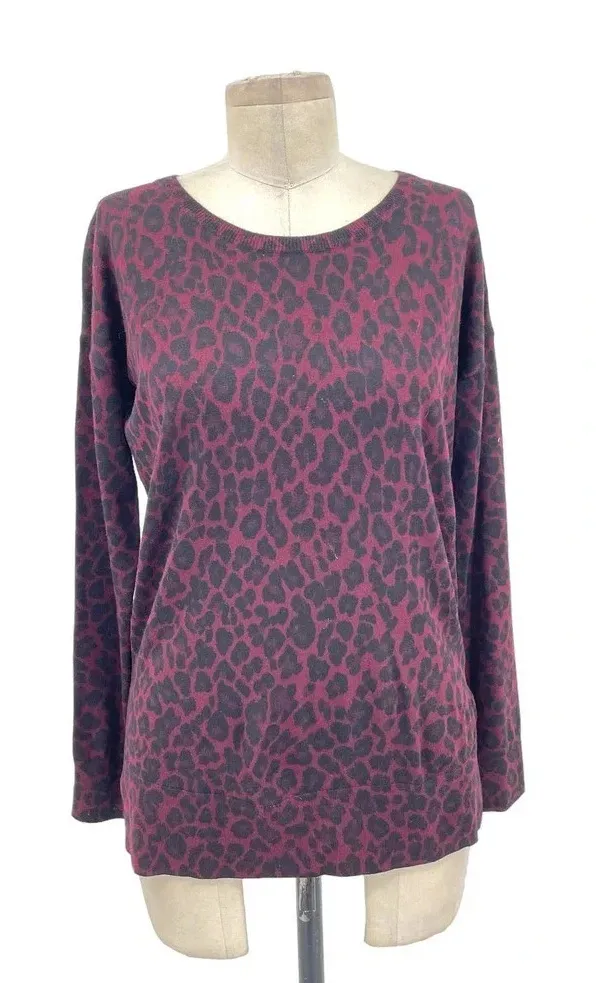 The Kooples Burgundy Leopard Animal Print Merino Wool Sweater Size Medium - Image 1
