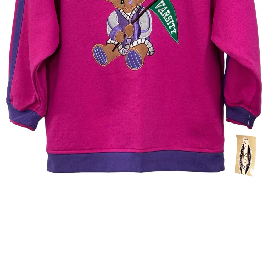 Vintage Deadstock Varsity Cheerleader Bear Sports Fuchsia Sweatshirt NWT Medium - Image 4