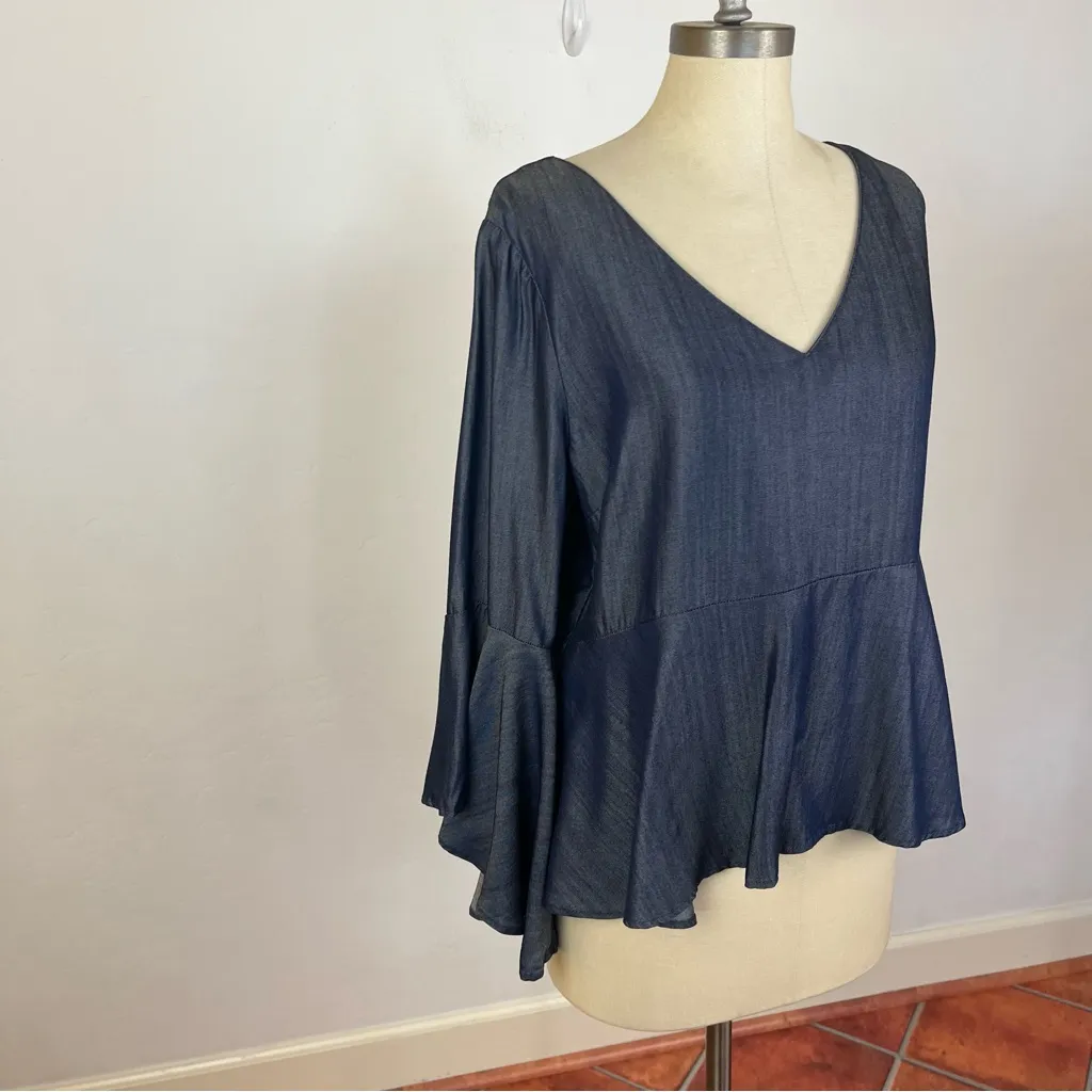 White House Black Market Denim Bell Sleeve Top - Image 3