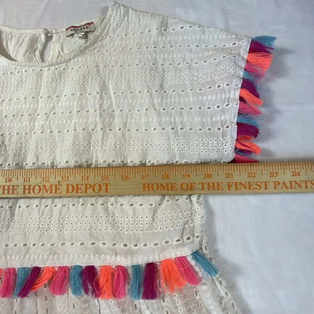 Andree White Babydoll Top Large Eyelet Boho Summer Beach Boutique Tassels Ruffle - Image 6