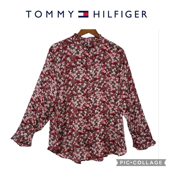 Tommy Hilfiger floral cuff sleeves ruffled collar button up shirt plus size - Image 2