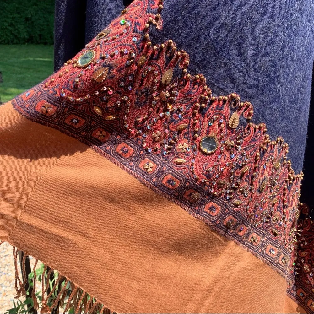 Unbranded Womens Rectangular Wrap Scarf Shawl Navy Blue Mirrors Embroidered - Image 3