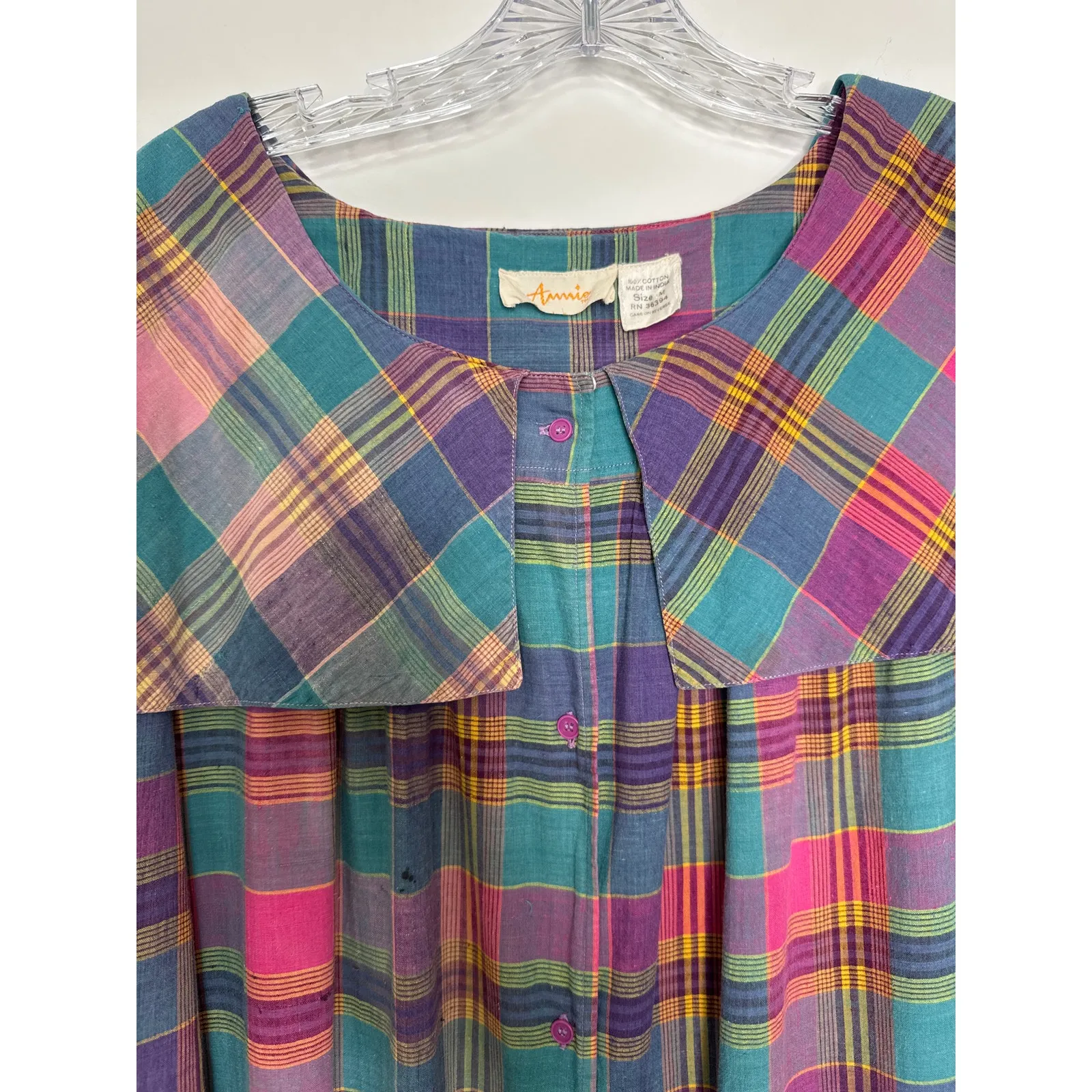 Vintage 80s Annie Plaid Maxi Dress Oversized Collar Cotton Cottagecore Medium - Image 13