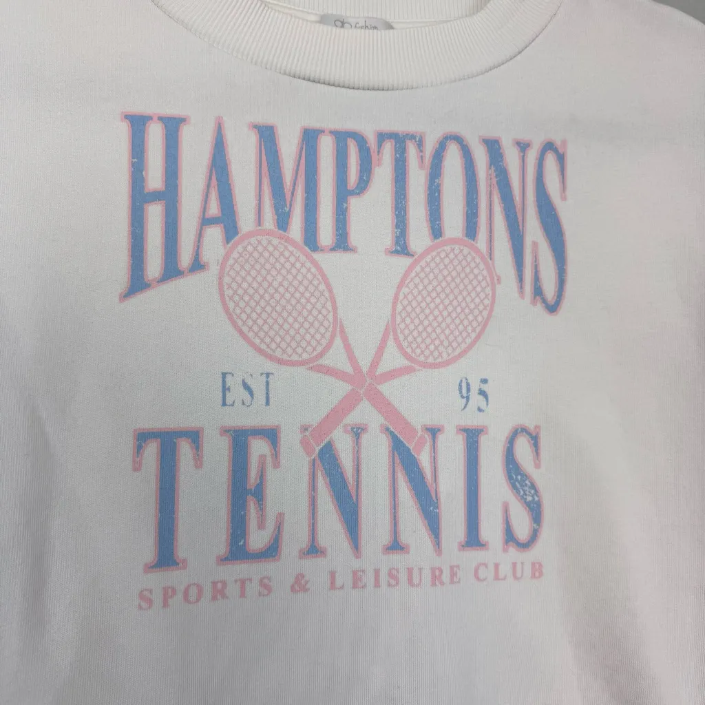 gb fashion Hamptons Tennis White Cropped Crewneck Sweatshirt Preppy Loungewear Size M - Image 2