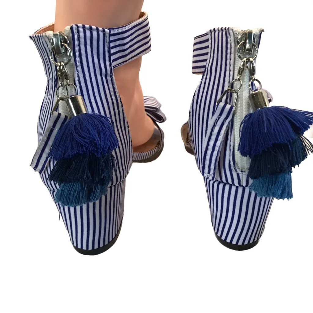 J. ADAMS "APRIL" BLUE & WHITE STRIPED LOW HEEL SANDALS W/POM POMS NIB (7) - Image 4