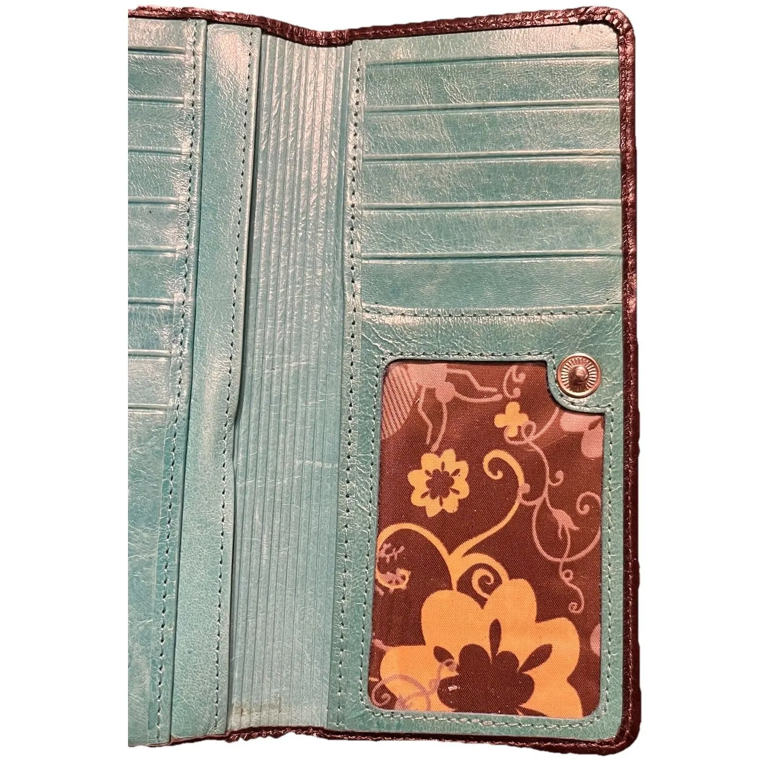 Pardo & Negro Genuine Leather Women's Wallet Brown with Turquoise Organizer GUC - Image 6