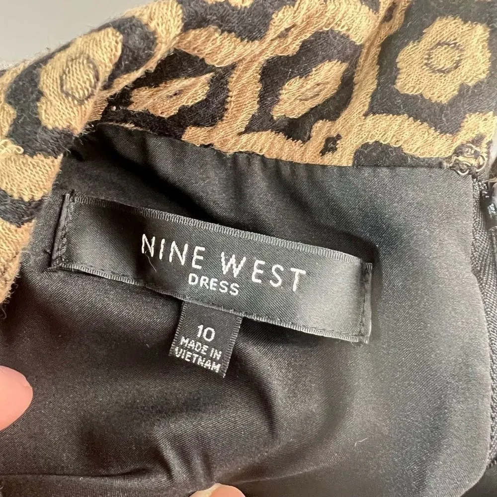 Nine West Women's Allover Print Sleeveless Roll Collar Tan Knit Sheath Dress 10 - Image 8