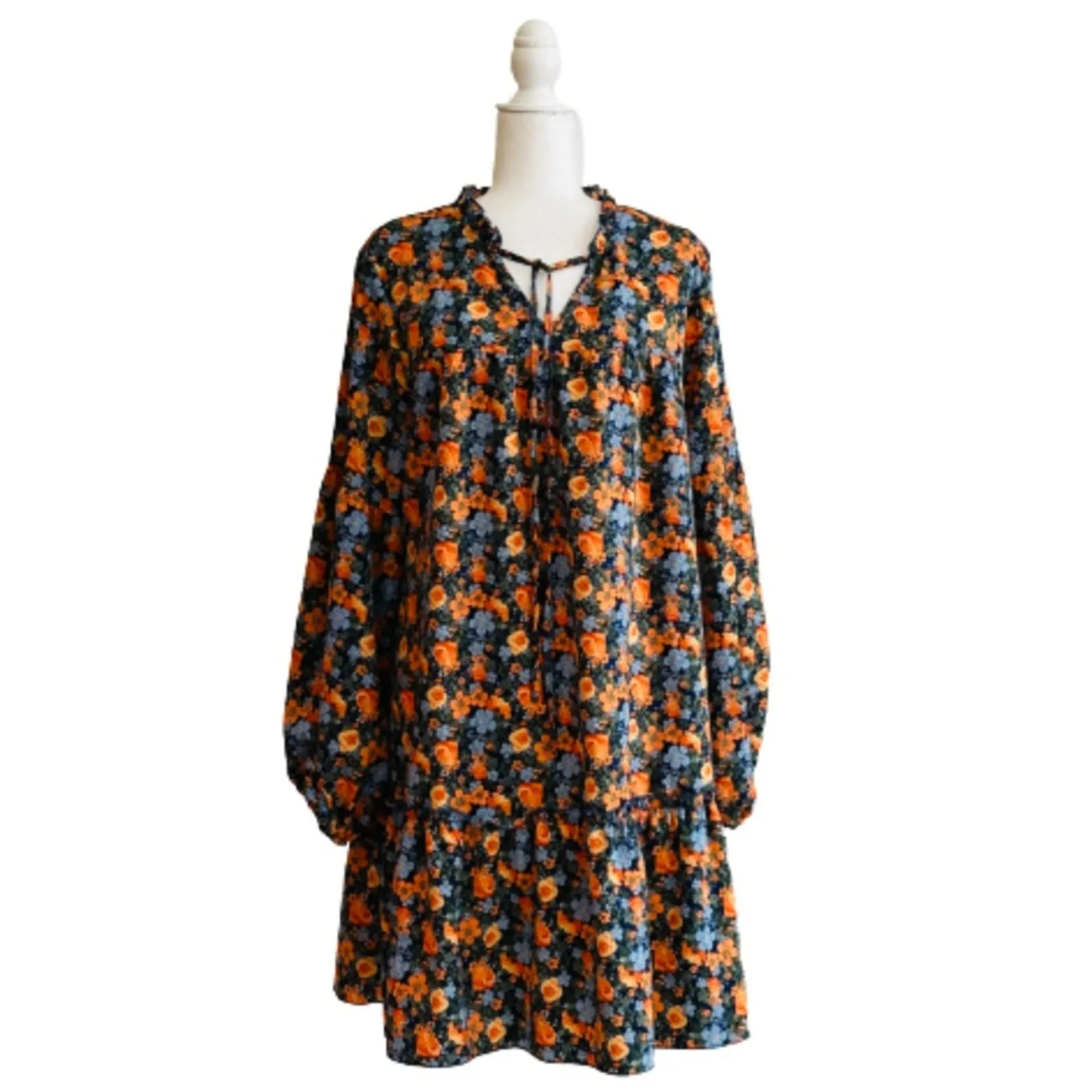 Kirundo Dress Floral Print Long Sleeve Tie Neck Ruffle Boho Swing Mini Large Orange - Image 3