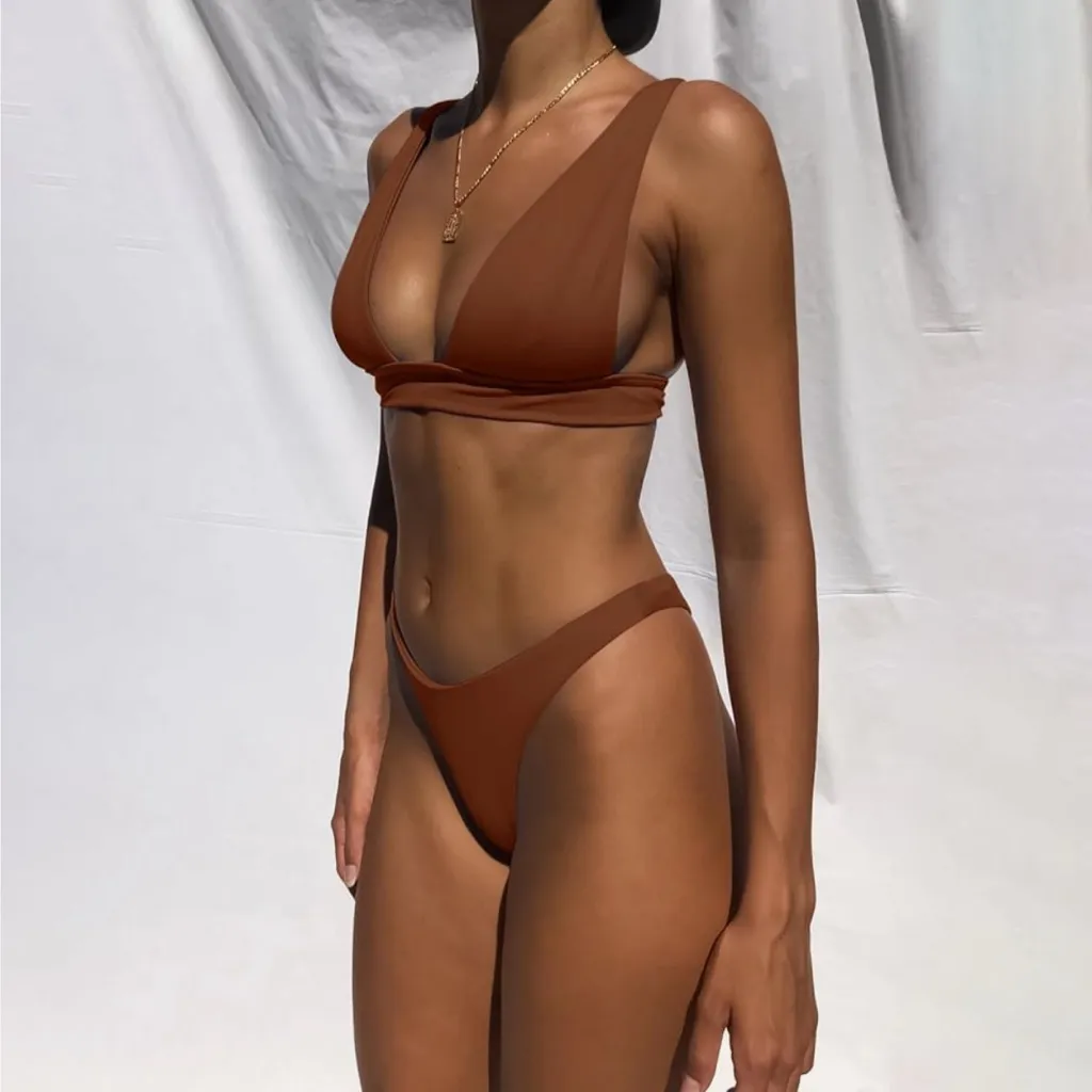 NWT Rust Deep V Neck Thong Halter Cheeky Bikini - Image 3