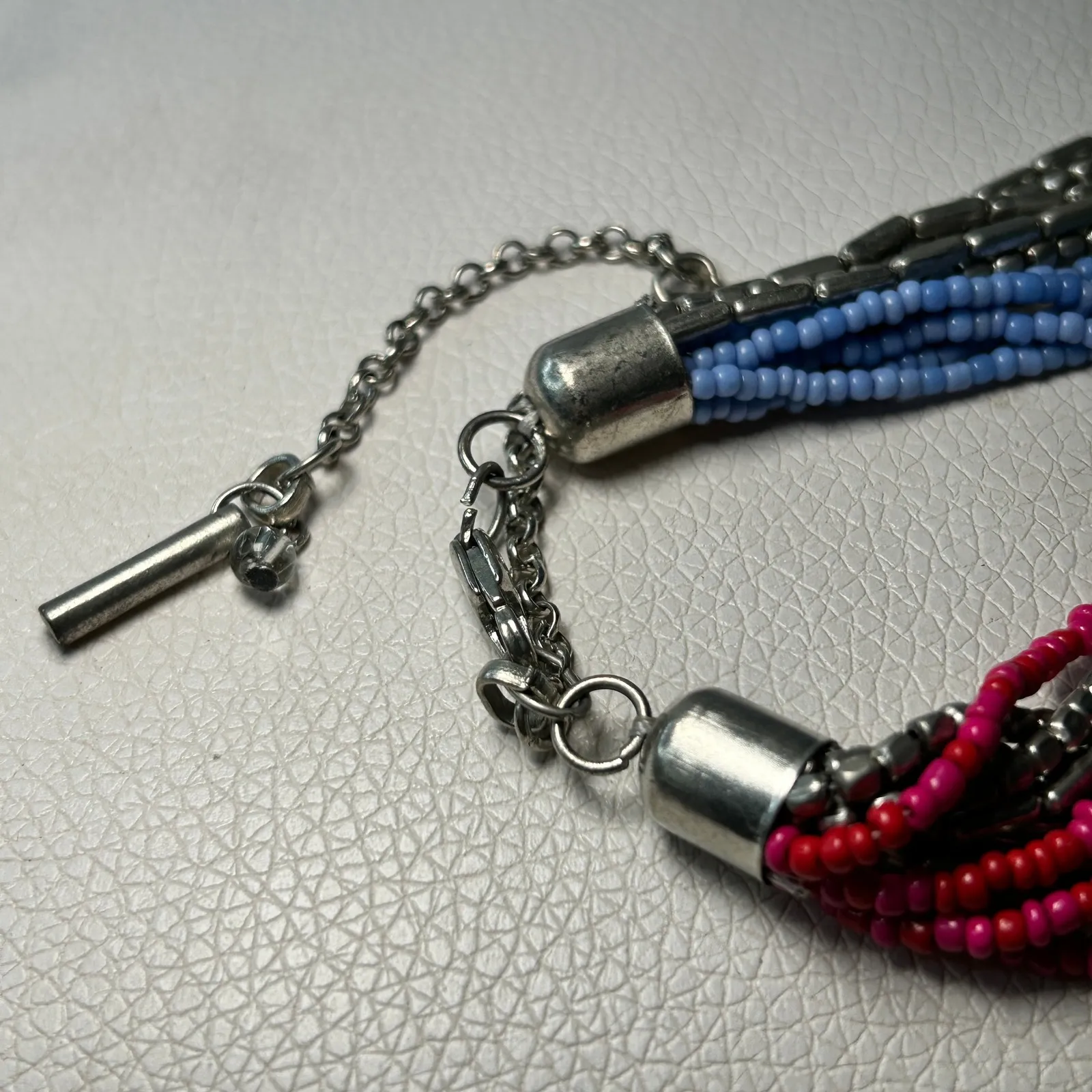 Multicolor Layered Beaded Necklace Silver Bar Toggle Boho Statement Blue - Image 3