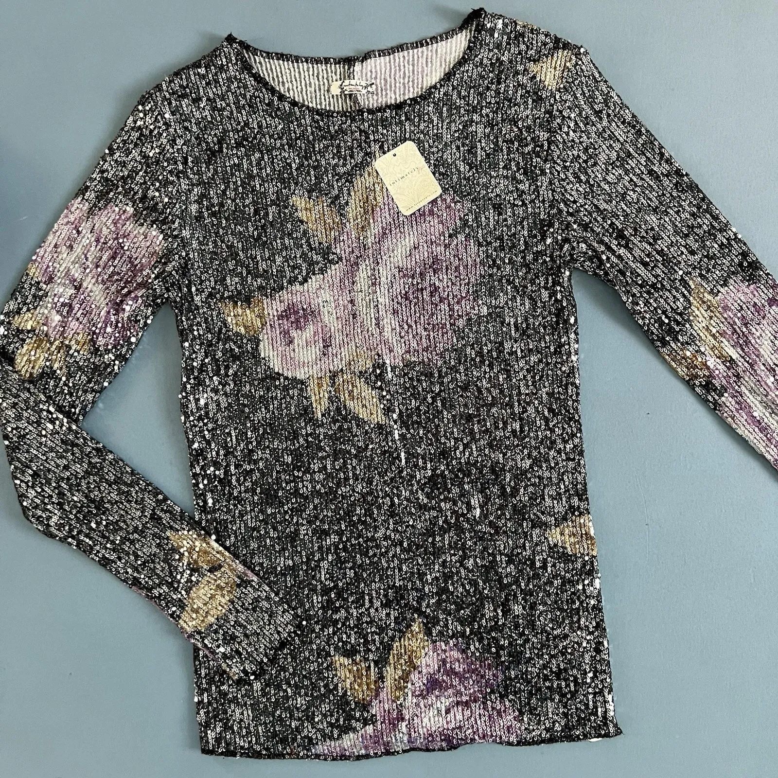 Free People NWT  Intimately Gold Rush Black Combo Printed Sequin Long Sleeve - Image 3