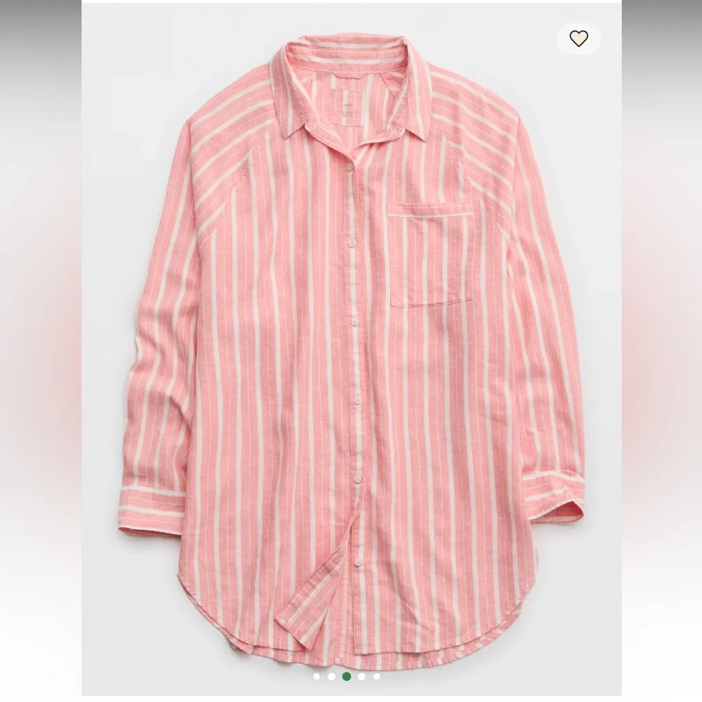 Aerie Pool to Party Linen Blend Coverup Shirt White Coral Stripe Top XS - Image 4