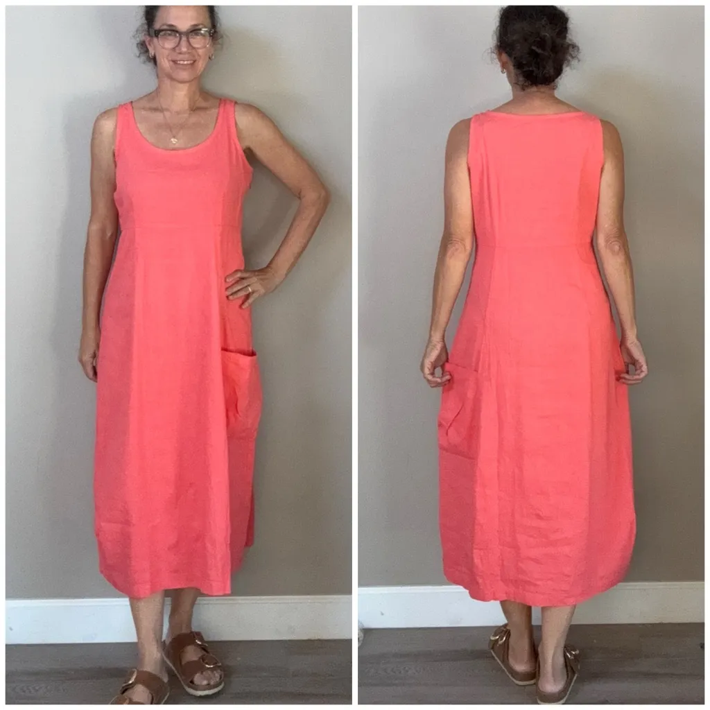 Eileen Fischer coral melon linen blend sleeveless midi dress pocket sz Small - Image 4