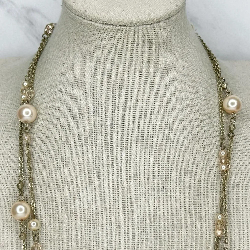 Chico's  Rhinestone and Faux Pearl Beaded Long Gold Tone Necklace - Image 4