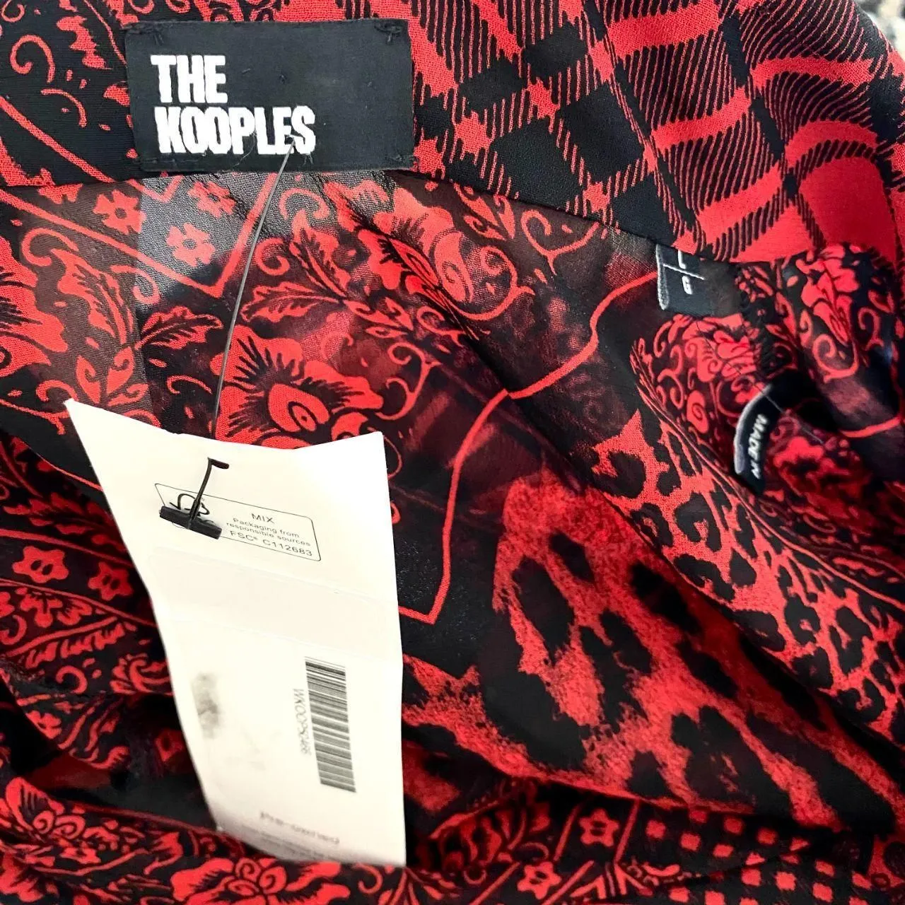 The Kooples Red Black Semi Sheer Mixed Print Tie Neck Mini Dress EUC L - Image 8