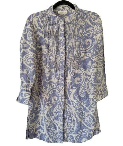 Coldwater Creek Blue Printed 100% Linen Long Sleeve Pleated Shirt Dress Sz Small - Image 1