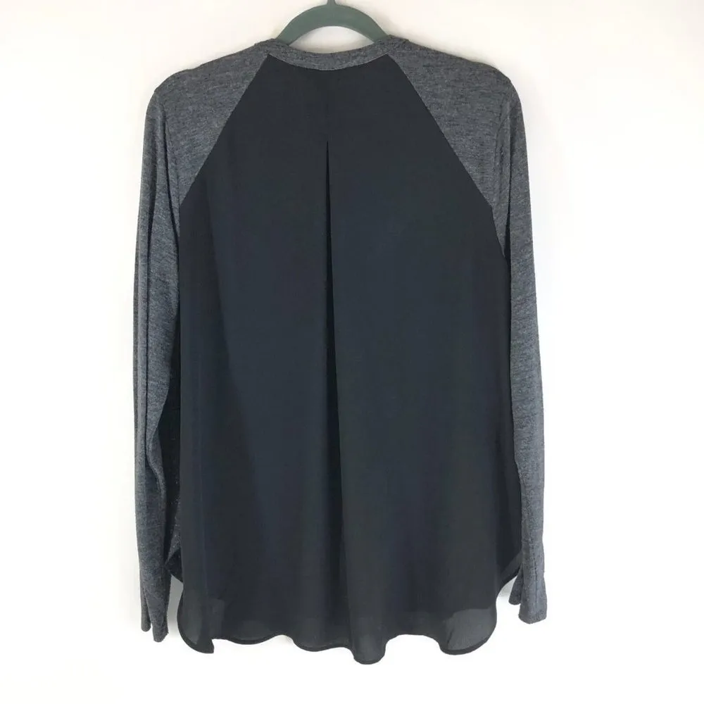 Ann Taylor LOFT Top Blouse Mixed Media Hi Low Split Neck Pleat Gray Black M - Image 2