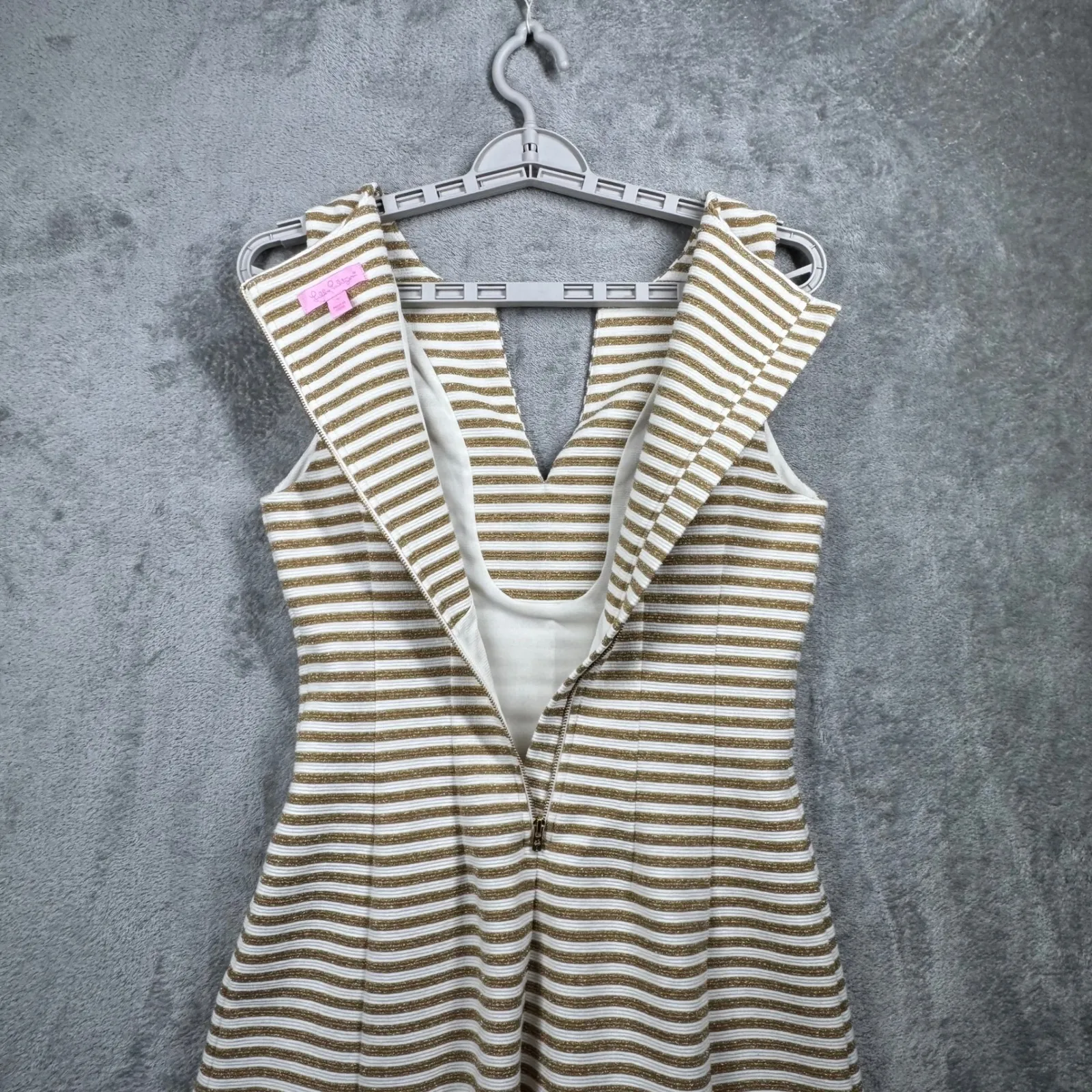 Lilly Pulitzer Brielle Dress Gold Metallic Stripe Sleeveless A-Line Small Preppy - Image 5