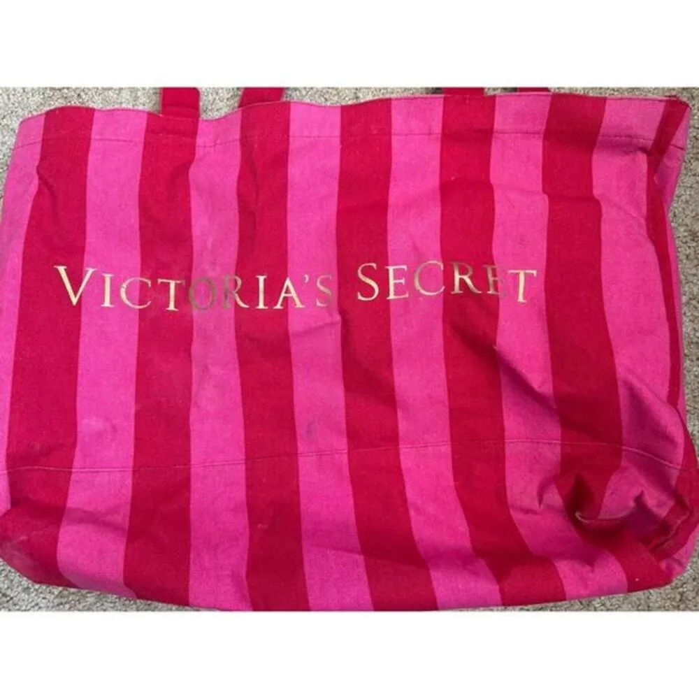 Victoria's Secret Iconic Pink Striped Canvas Tote‎ Large Shopping Beach Bag Y2K - Image 3
