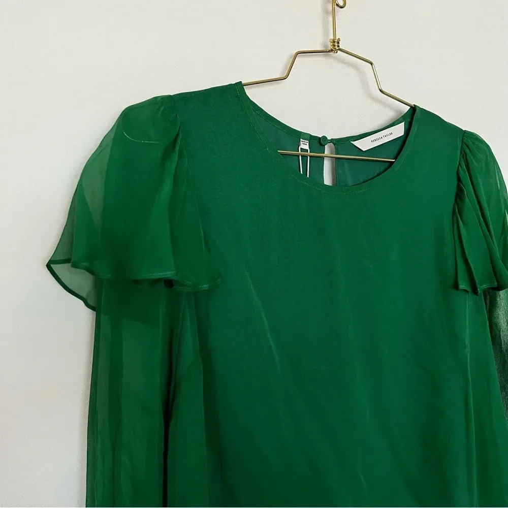 Rebecca Taylor Ruffle Silk Chiffon Blouse Size 6 Green Jade Long Sleeve Lined - Image 5
