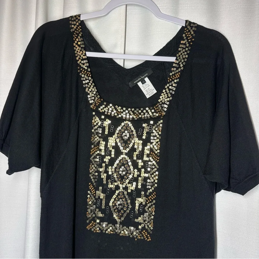 Nanette Lepore Women's Tunic Sweater Top Beaded Silk Linen Metallic Y2K Boho Art - Image 3