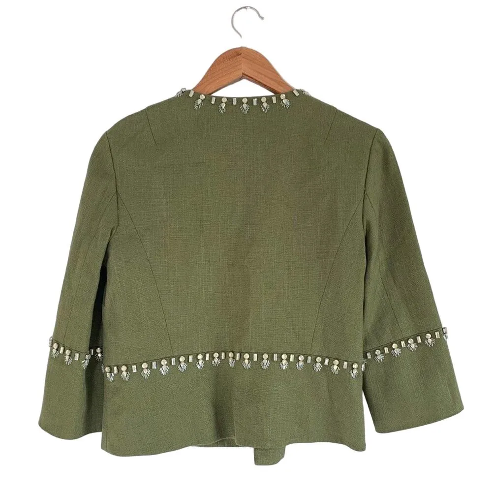Tory Burch Embellished Avery Linen Boxy Jeweled Crop Jacket Green Silver US 6 - Image 3