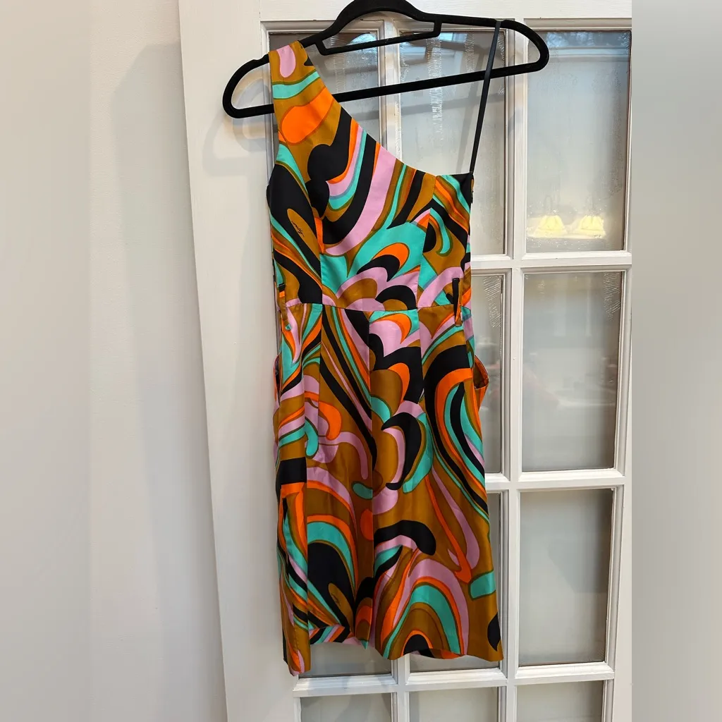 An Original MILLY of New York Runway Kaleidoscope One Shoulder Silk Dress Size 0 Orange - Image 5