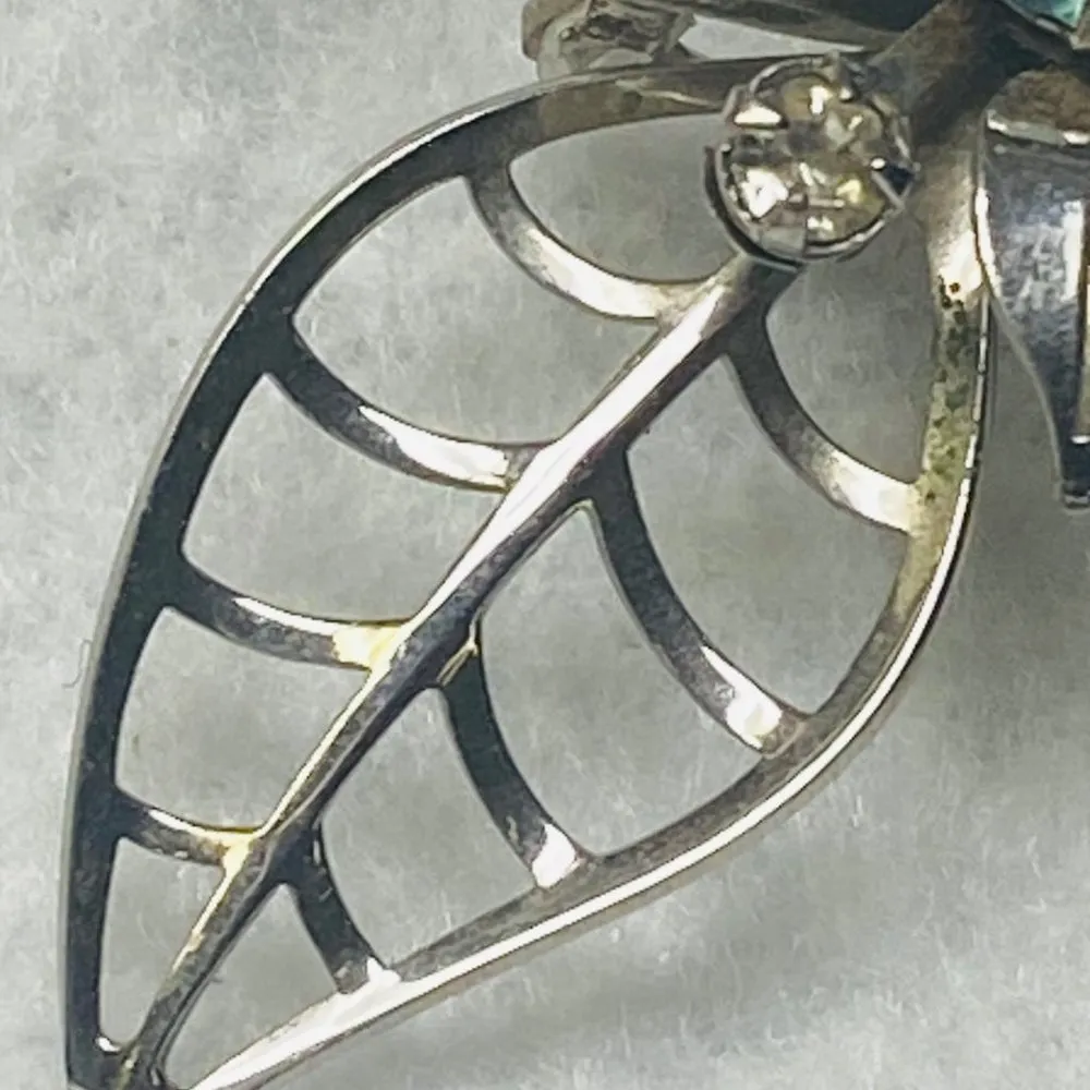 Silver Tone Flower Pin Brooch Pendant Filagree Rivet Construction Rhinestones - Image 8